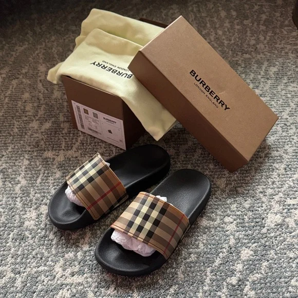 Burberry Plaid Slide Sandals in Black and Tan - Picture 2 of 6